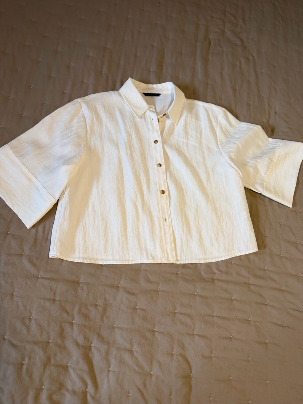 ZARA White Cropped Button Down Shirt Wide Cuff Sleeve NWOT
